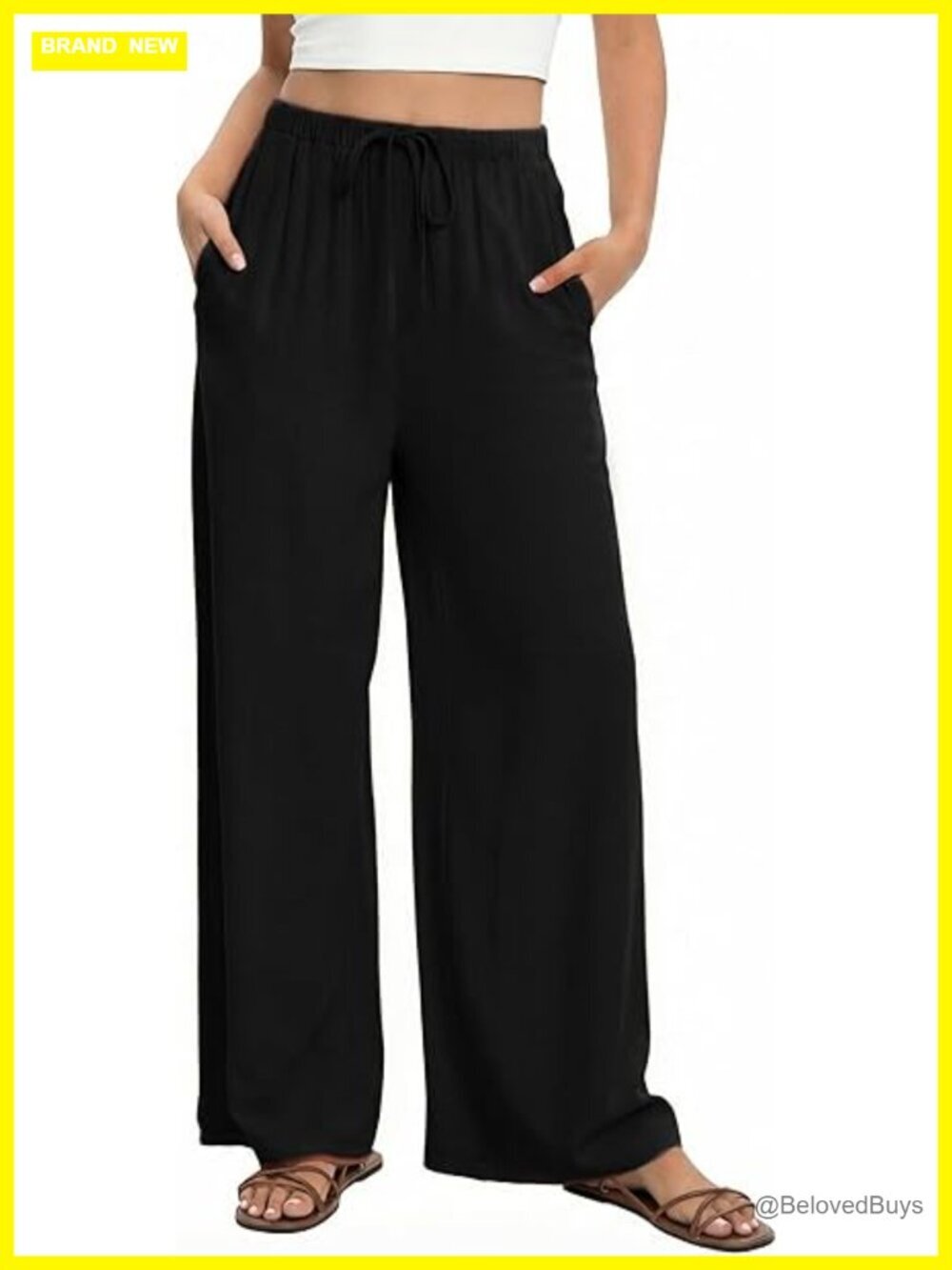 Linen Wide Leg Palazzo Pants with Pockets Elastic Waist